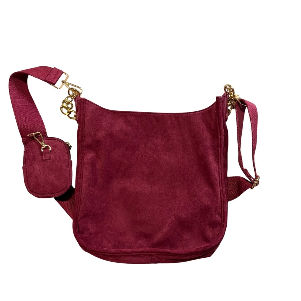 Ah-Dorned Burgundy Suede Crossbody‎ Hobo Bag w/ Mini Pouch Gold Hardware